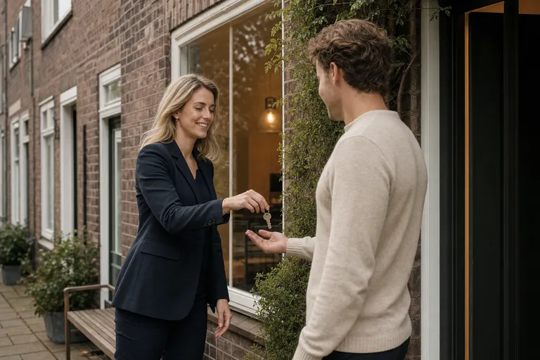 Aanbrenger overhandigt woningsleutels aan een klant voor een woonhuis