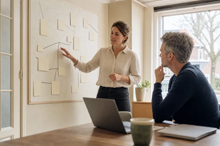 Team van een keuringsbureau overlegt bij een planbord op kantoor