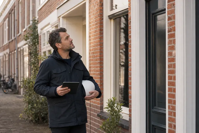 Zelfstandig inspecteur met tablet en bouwhelm bij de voordeur van een woning